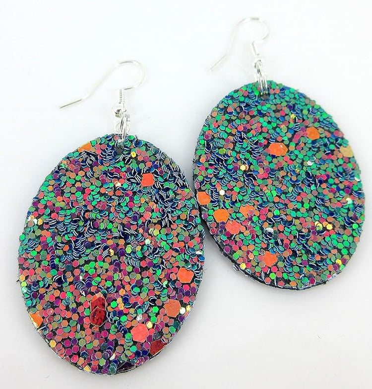Summerfield Collection Silver-tone Glitter Faux Leather Oval Dangle Earrings (Teal and Pink)