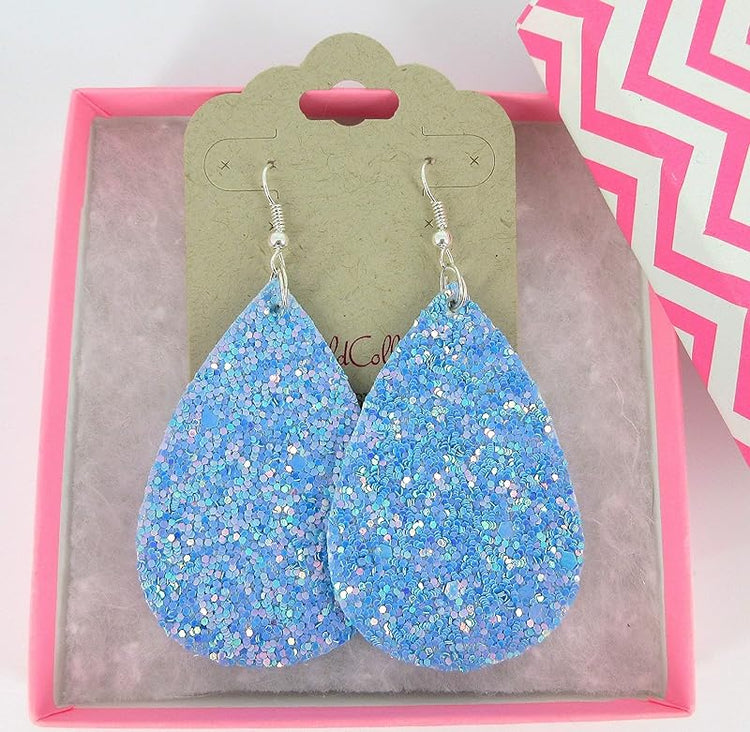 Summerfield Collection Silver-tone Glitter Faux Leather Large Teardrop Dangle Earrings (Sky Blue AB)