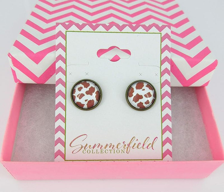 Summerfield Collection Antiqued Gold-tone Brown Cow Animal Print Glass Stud Earrings 12mm