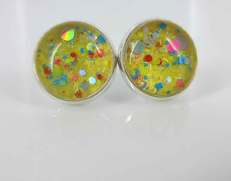 Summerfield Collection Trio Silver-tone Stud Earrings Blue Yellow and Black Confetti Glitter Glass Set 12mm Hand-painted
