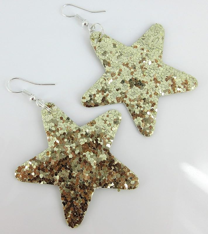Summerfield Collection Glitter Faux Leather Large Star Dangle Earrings (Gold)