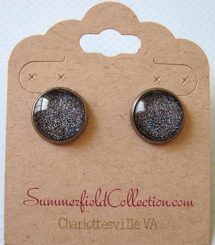Summerfield Collection Hematite-tone Blue Holographic Glitter Glass Galaxy Stud Earrings Hand-painted 12mm