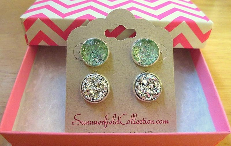 Summerfield Collection Silver-tone Duo Stud Earrings Hand-painted Mint Green Twinkle Glitter Glass Faux Druzy Stone 12mm