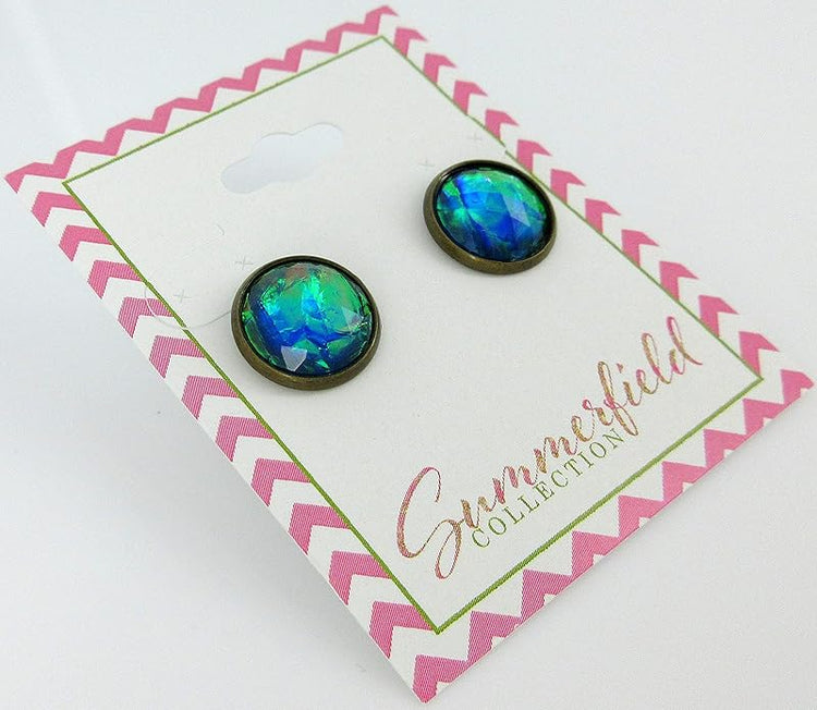 Summerfield Collection Antiqued Gold-tone Faceted Resin Opalescent Stud Earrings 12mm (Blue)