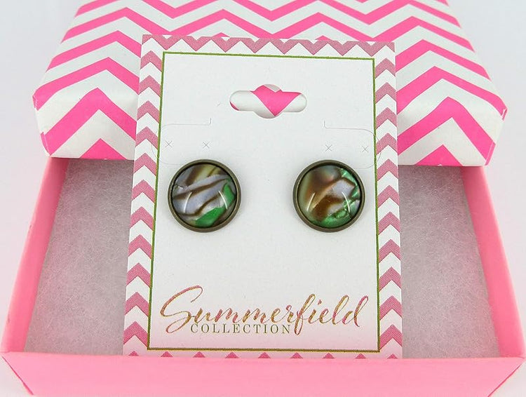 Summerfield Collection Antiqued Gold-tone Green Gray Tan Stud Earrings 12mm