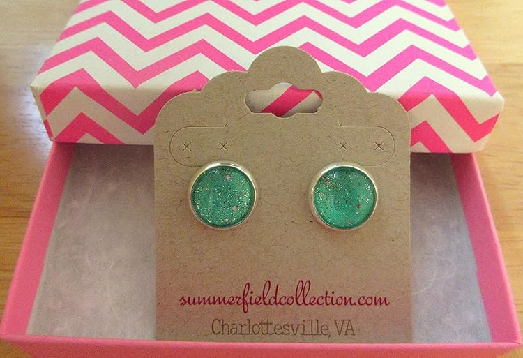Summerfield Collection Silver-tone Twinkle Glitter Glass Galaxy Stud Earrings Hand-painted 12mm (Mint Green)