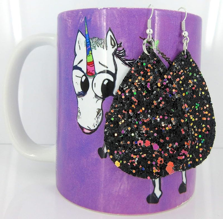 Summerfield Collection Silver-tone Glitter Faux Leather Large Teardrop Dangle Earrings (Black and Rainbow)
