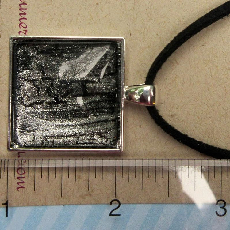 Summerfield Collection Silver-tone Black Shattered Shimmer Glass Square Pendant Necklace Faux Suede Cord Hand-painted