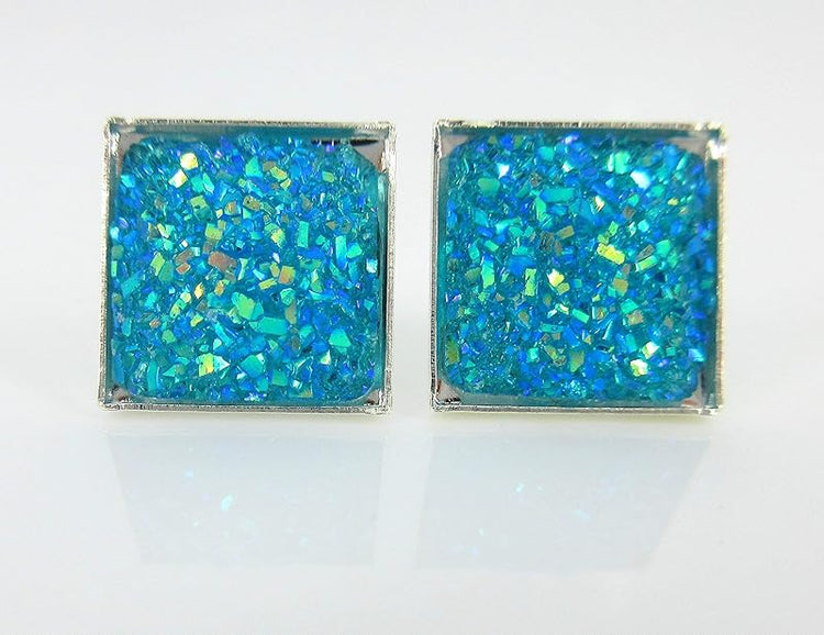 Summerfield Collection Silver-tone Geometric Square Shaped Flat Faux Druzy Stud Earrings 12mm (Aqua Blue)