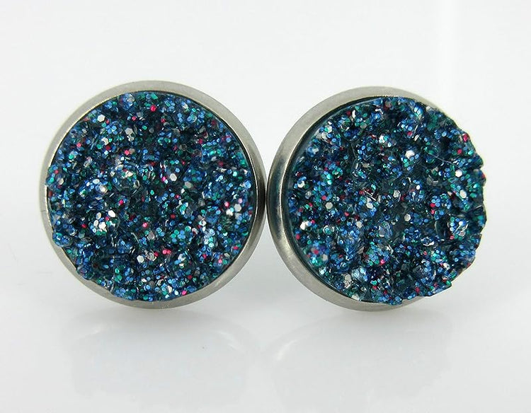 Summerfield Collection Trio Stainless Steel Glitter Faux Druzy Stone Stud Earrings Set (Purple/Silver/Blue)