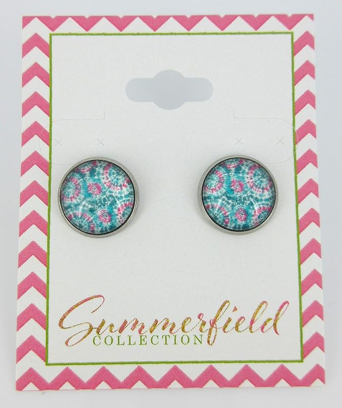 Summerfield Collection Stainless Steel Tie Dye Print Glass Stud Earrings 12mm (Aqua/Blue/Pink/Green)