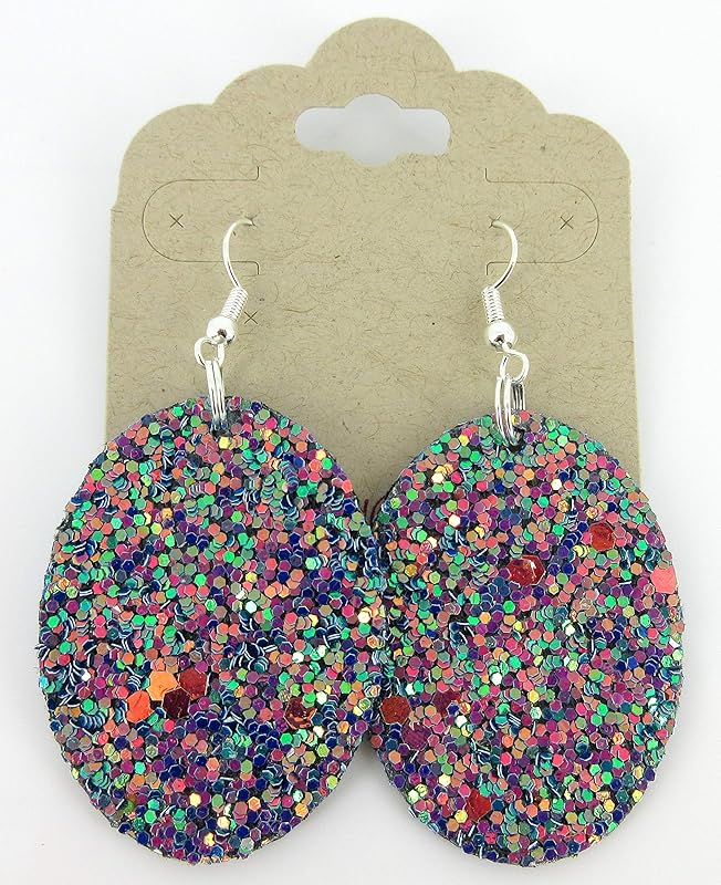 Summerfield Collection Silver-tone Glitter Faux Leather Oval Dangle Earrings (Teal and Pink)