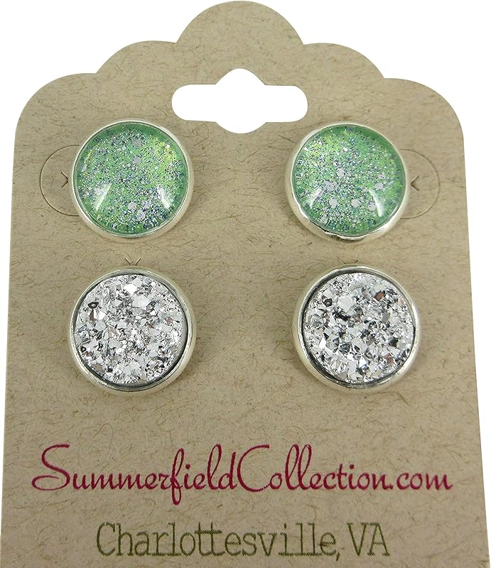 Summerfield Collection Silver-tone Duo Stud Earrings Hand-painted Mint Green Twinkle Glitter Glass Faux Druzy Stone 12mm
