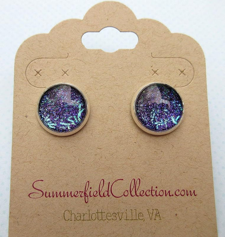Summerfield Collection Silver-tone Purple and Blue Glitter Glass Stud Earrings Hand-painted 12mm