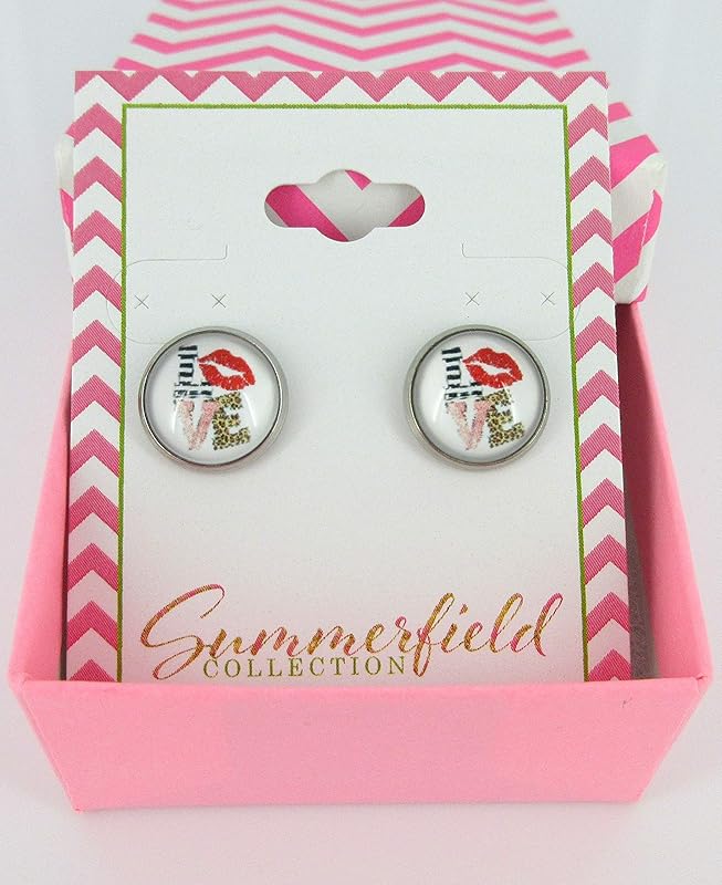 Summerfield Collection Stainless Steel Love Print Glass Stud Earrings 12mm White Animal Red Lips