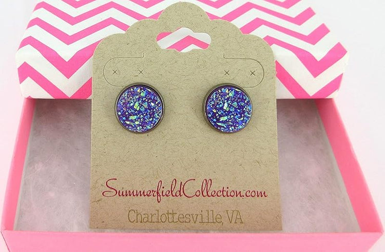 Summerfield Collection Hematite-tone Faux Druzy Stone Stud Earrings 12mm (Purple AB)