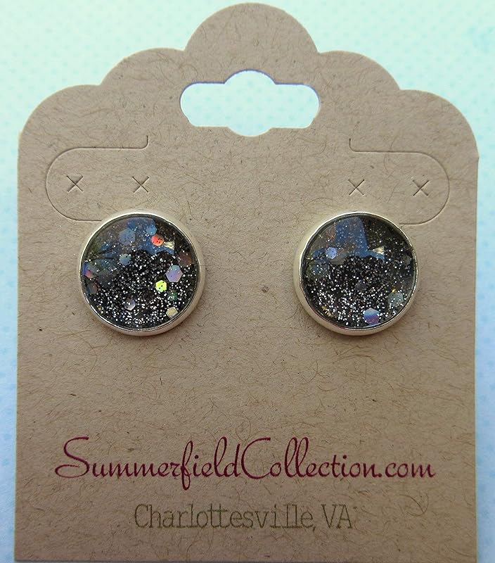 Summerfield Collection Silver-tone Black Holographic Glitter Glass Galaxy Stud Earrings Hand-painted 12mm