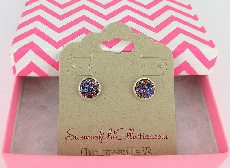 Summerfield Collection Silver-tone Metallic Faux Druzy Stone Stud Earrings 8mm (Pink/Teal)