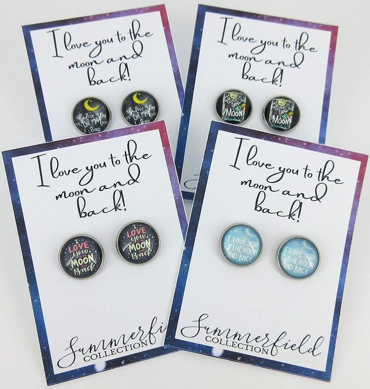Summerfield Collection Stainless Steel I Love You to the Moon and Back Print Glass Stud Earrings 12mm (Crescent Moon)