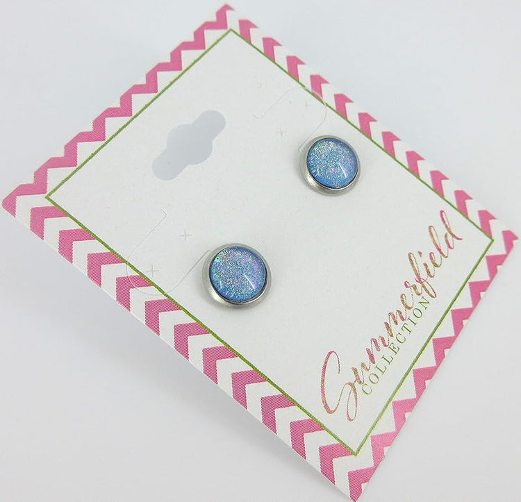 Summerfield Collection Stainless Steel Sky Blue and Rainbow Glitter Flake Glass Stud Earrings Hand-painted (8mm)