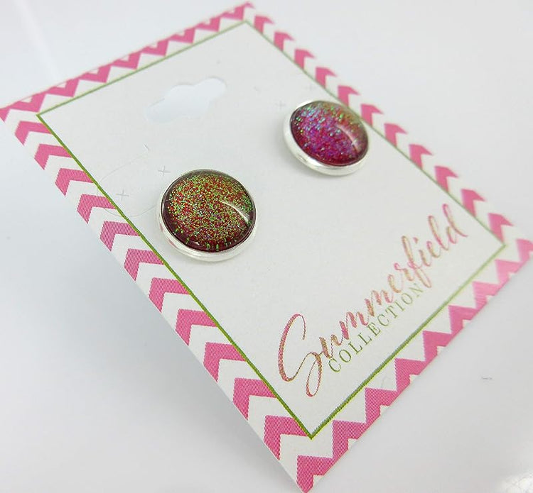 Summerfield Collection Silver-tone Red and Green Glitter Glass Stud Earrings Hand-painted (12mm)