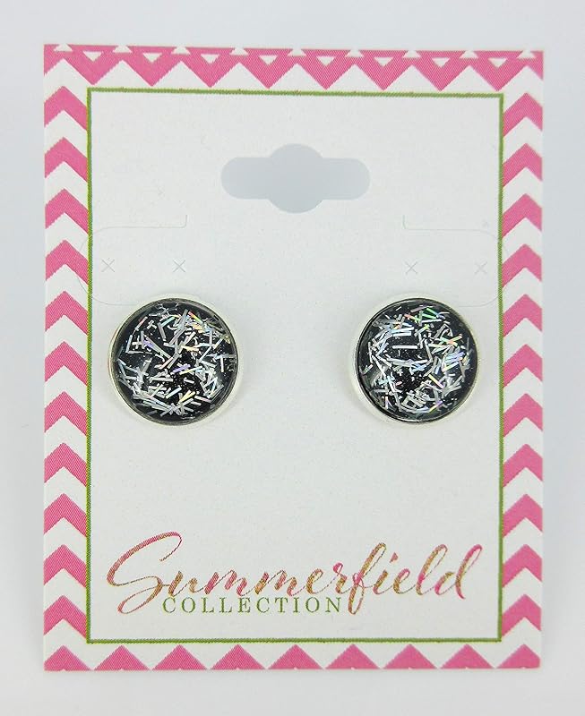 Summerfield Collection Silver-tone Black and Holographic Bar Glitter Glass Stud Earrings Hand-painted 12mm