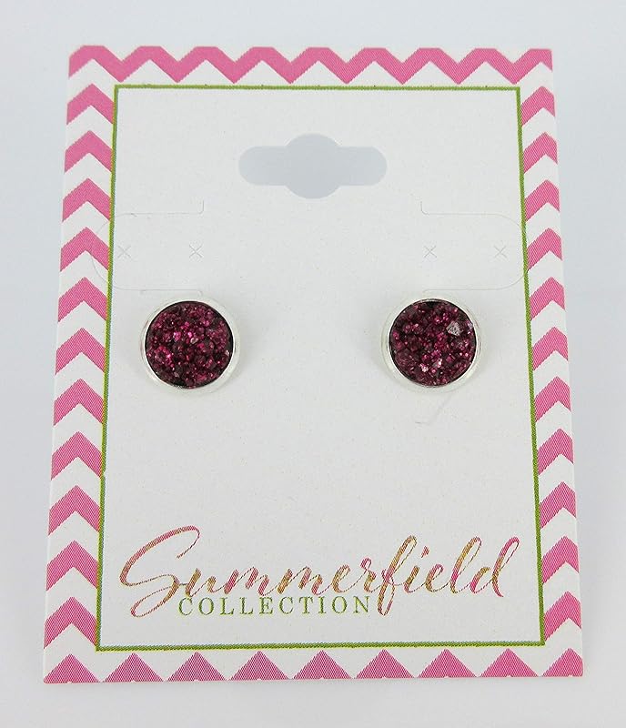 Summerfield Collection Silver-tone Maroon with Pink Glitter Faux Druzy Stone Stud Earrings (8mm)