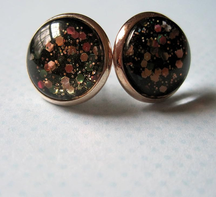 Summerfield Collection Rose Gold-tone Confetti Glitter Black Glass Stud Earrings Hand-painted 12mm
