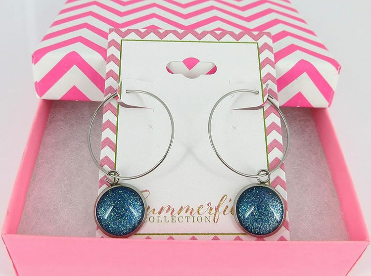 Summerfield Collection Stainless Steel Blue Green Glitter Glass Charm Hoop Earrings Hand-painted 1"