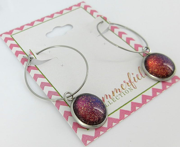 Summerfield Collection Stainless Steel Blue Red Purple and Gold Glitter Glass Charm Hoop Earrings Hand-painted 1"