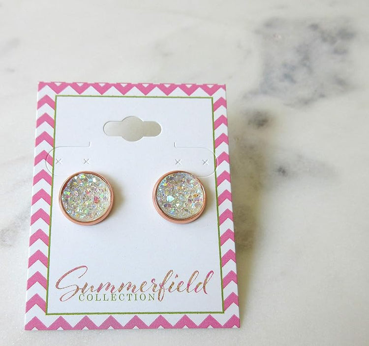 Summerfield Collection Rose Gold-tone Faux Druzy Stone Stud Earrings 12mm (Clear AB)