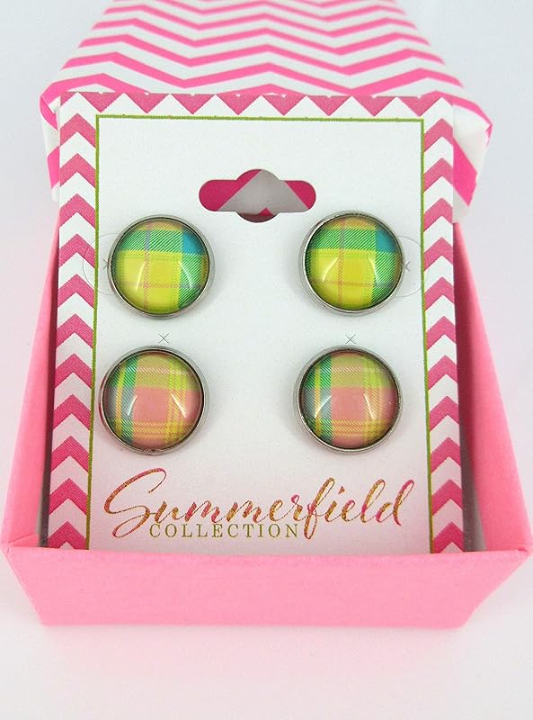 Summerfield Collection Stainless Steel Duo Stud Earrings Plaid Print Glass 12mm Set (Pastel)