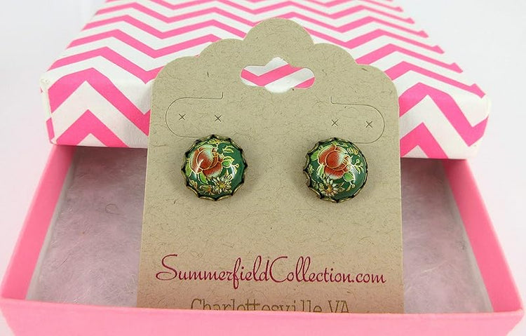 Summerfield Collection Antiqued Gold-tone Floral Print Stud Earrings 12mm (Green)