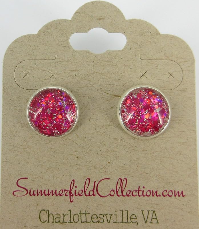 Summerfield Collection Silver-tone Hot Pink and Pearly White Glitter Glass Stud Earrings Hand-painted 12mm