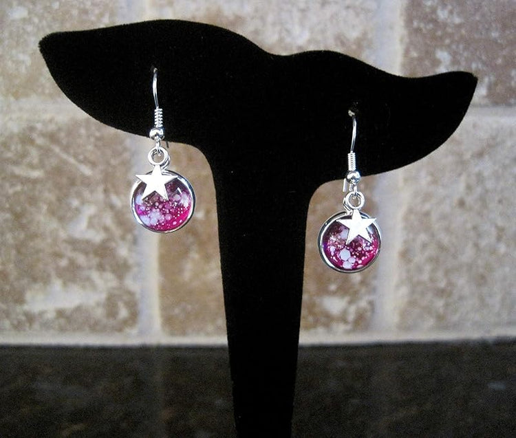 Summerfield Collection Silver-tone Magenta Pink and White Glitter Glass Star Galaxy Dangle Earrings