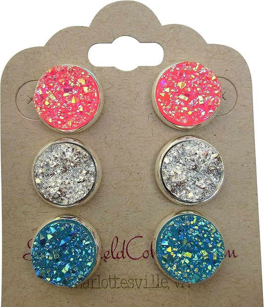 Summerfield Collection Trio Silver-tone Stud Earrings Pink Blue Faux Druzy Stone Set 12mm