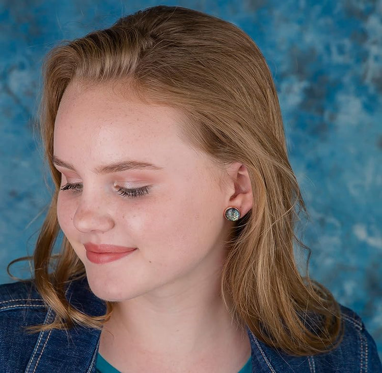Summerfield Collection Rose Gold-tone Black Iridescent Glitter Glass Galaxy Stud Earrings Hand-painted 12mm