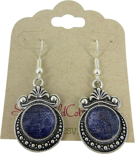 Summerfield Collection Antiqued Silver-tone Blue Purple Shimmer Glass Dangle Earrings Hand-painted