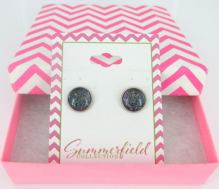Summerfield Collection Stainless Steel Blue Purple Gray Glitter Glass Stud Earrings Hand-painted 10mm