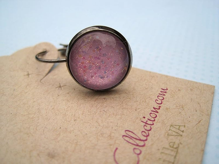 Summerfield Collection Hematite-Tone Lilac Purple Glitter Glass Lever-back Drop Galaxy Earrings Hand-painted