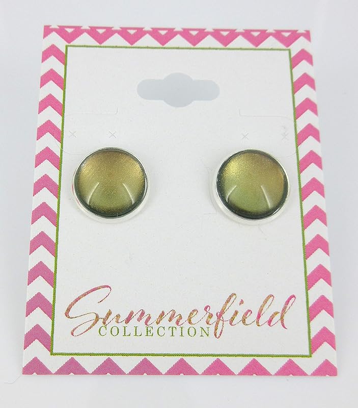 Summerfield Collection Silver-tone Metallic Green and Gold Color Shifting Glass Stud Earrings Hand-painted 12mm