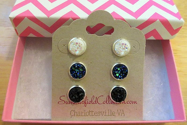 Summerfield Collection Trio Silver-tone Stud Earrings 8mm Faux Druzy Stone Set (White AB/Blue/Black)