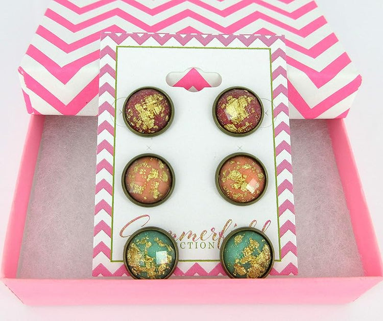 Summerfield Collection Trio Antiqued Gold-tone Leaf Foil Faceted Resin Stud Earrings Set 12mm (Red/Peach/Mint Green)