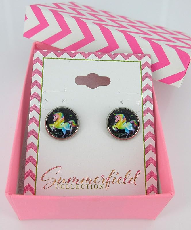 Summerfield Collection Stainless Steel Rainbow Unicorn Black Print Glass Stud Earrings 12mm