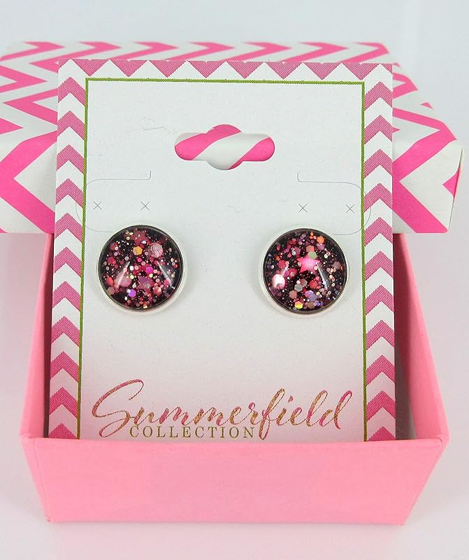 Summerfield Collection Silver-tone Stardust Glitter Glass Galaxy Stud Earrings Hand-painted 12mm