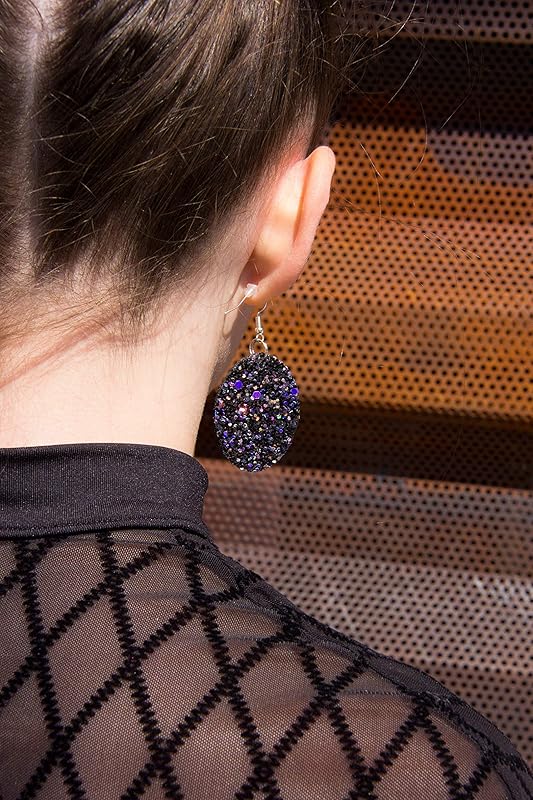 Summerfield Collection Silver-tone Glitter Faux Leather Oval Dangle Earrings (Black and Rainbow)