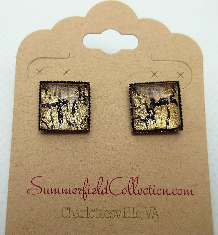 Summerfield Collection Antiqued Gold-tone Black Shattered Glitter Glass Stud Earrings Hand-painted Square 12mm