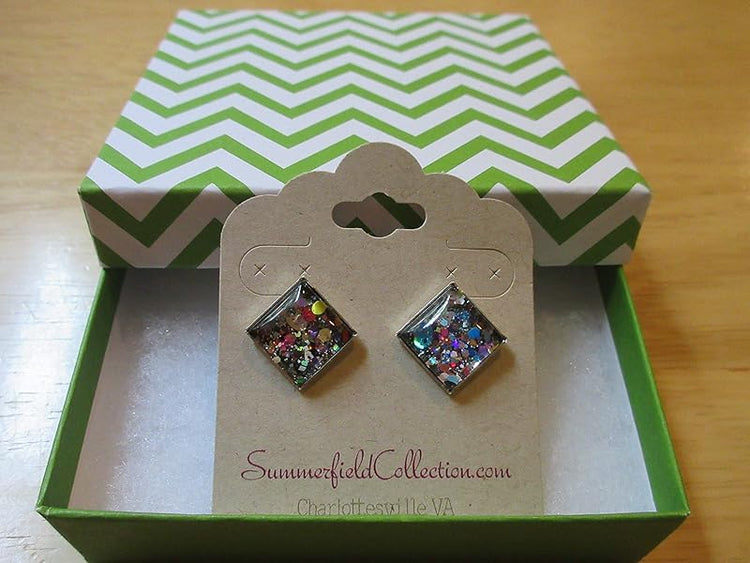 Summerfield Collection Silver-tone Black and Multi-Color Confetti Glitter Glass Stud Earrings Hand-painted Square 12mm