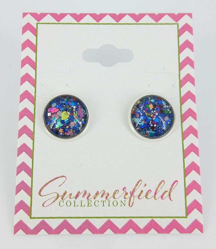 Summerfield Collection Silver-tone Gray and Multi Color Confetti Glitter Glass Stud Earrings Hand-painted 12mm