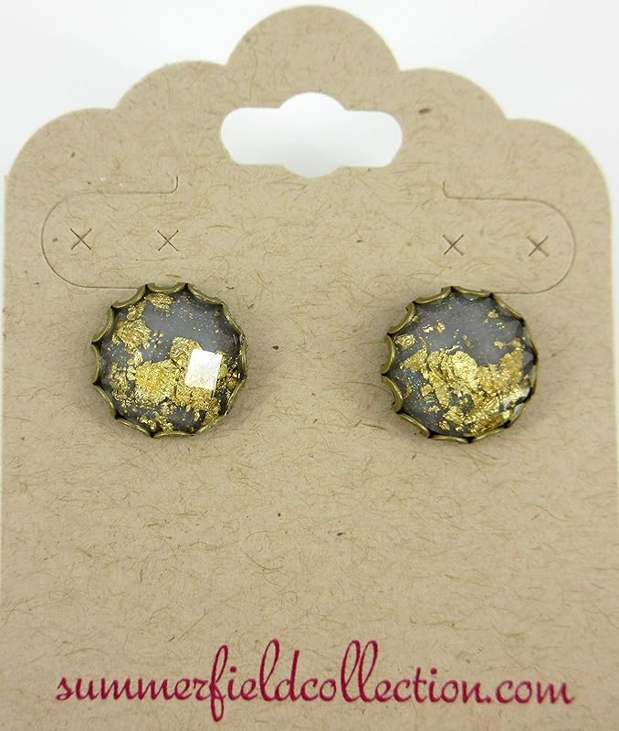 Summerfield Collection Antiqued Gold-tone Faceted Resin Leaf Foil Stud Earrings 12mm (Gray)